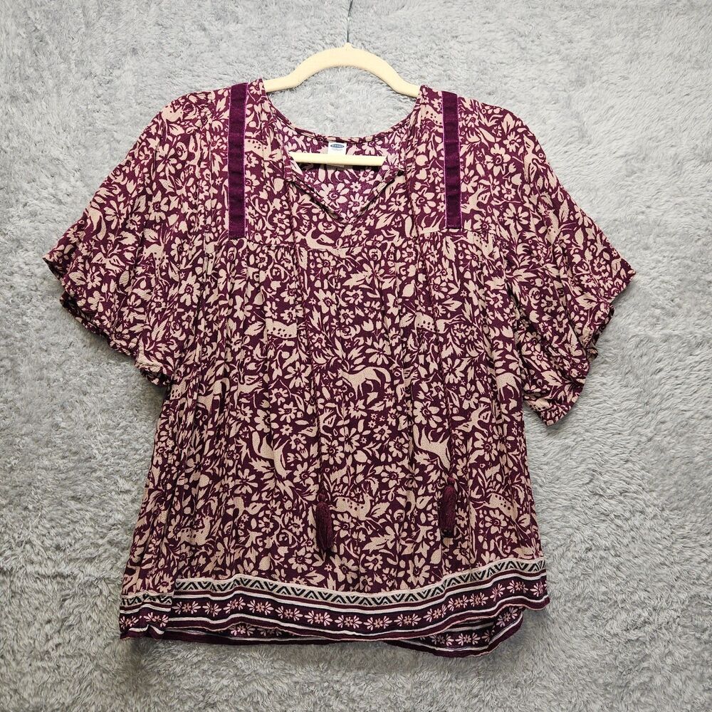 Old Navy Womens Purple Bohemian Fox Blouse Medium Flowy Floral Tassels Velvet